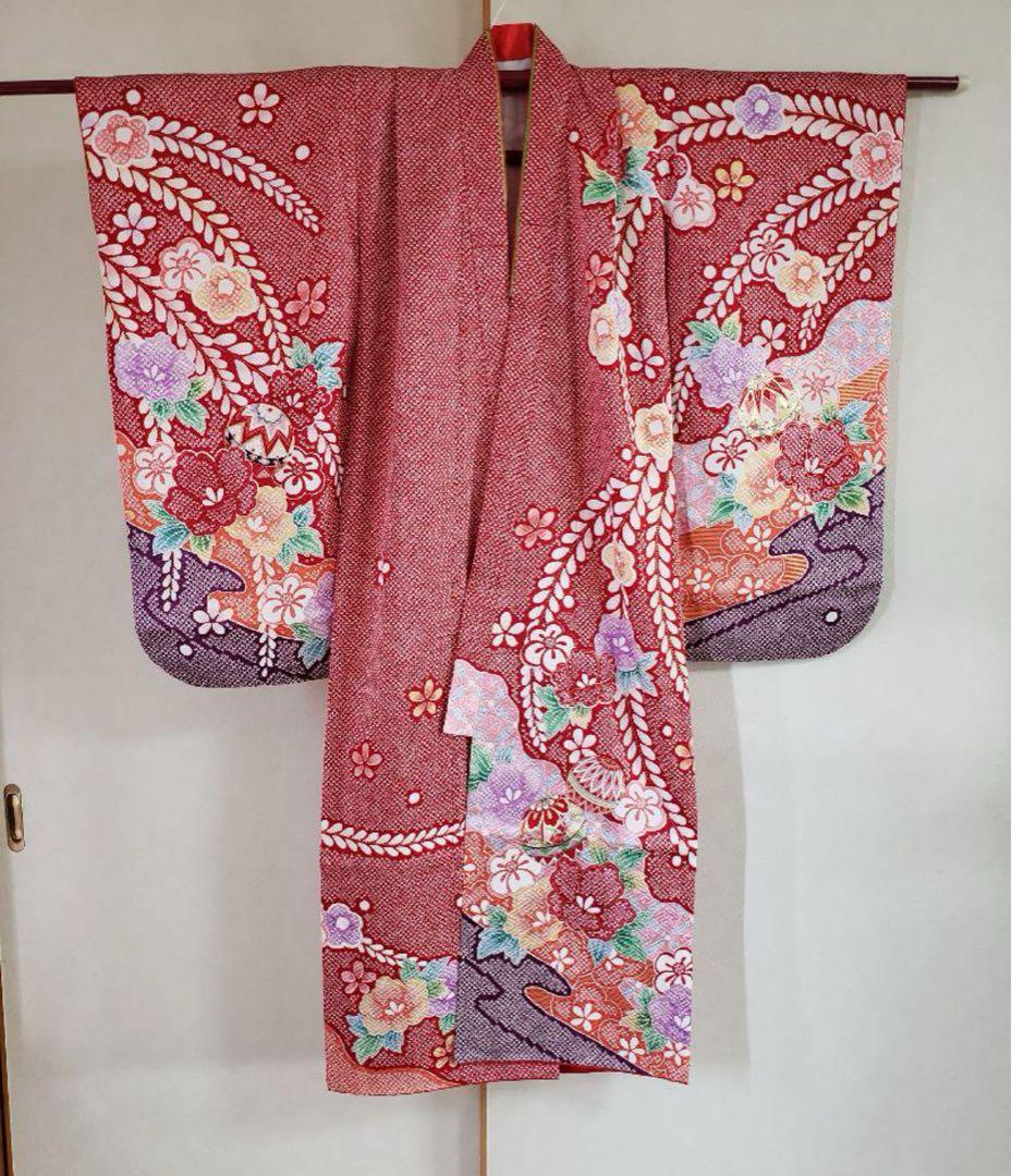 【七五三】本絹 女の子用 7歳 着物セット 豪華赤地 花柄