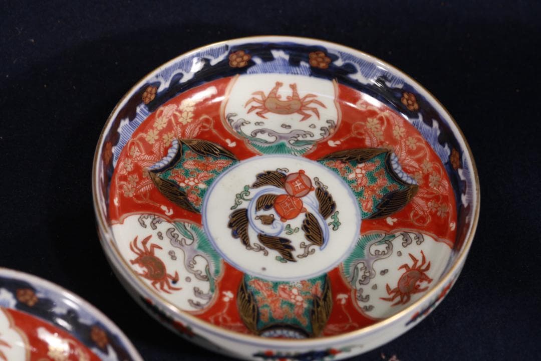 954　古伊万里色絵蟹図中皿5枚　無傷　幕末明治　（旬、希少性）