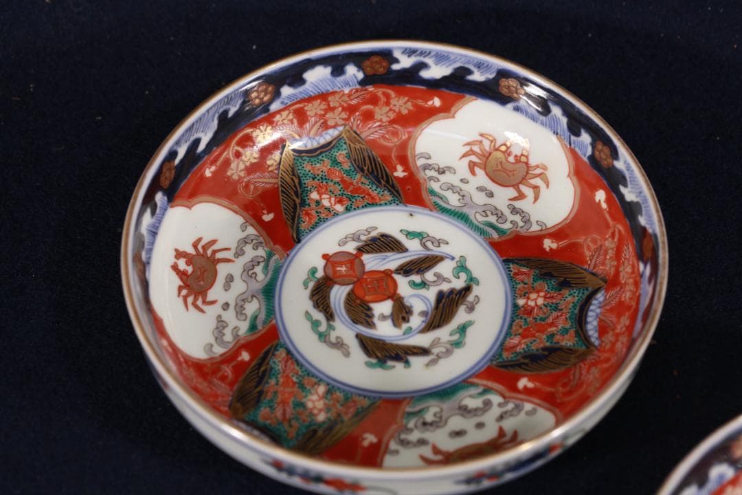 954　古伊万里色絵蟹図中皿5枚　無傷　幕末明治　（旬、希少性）