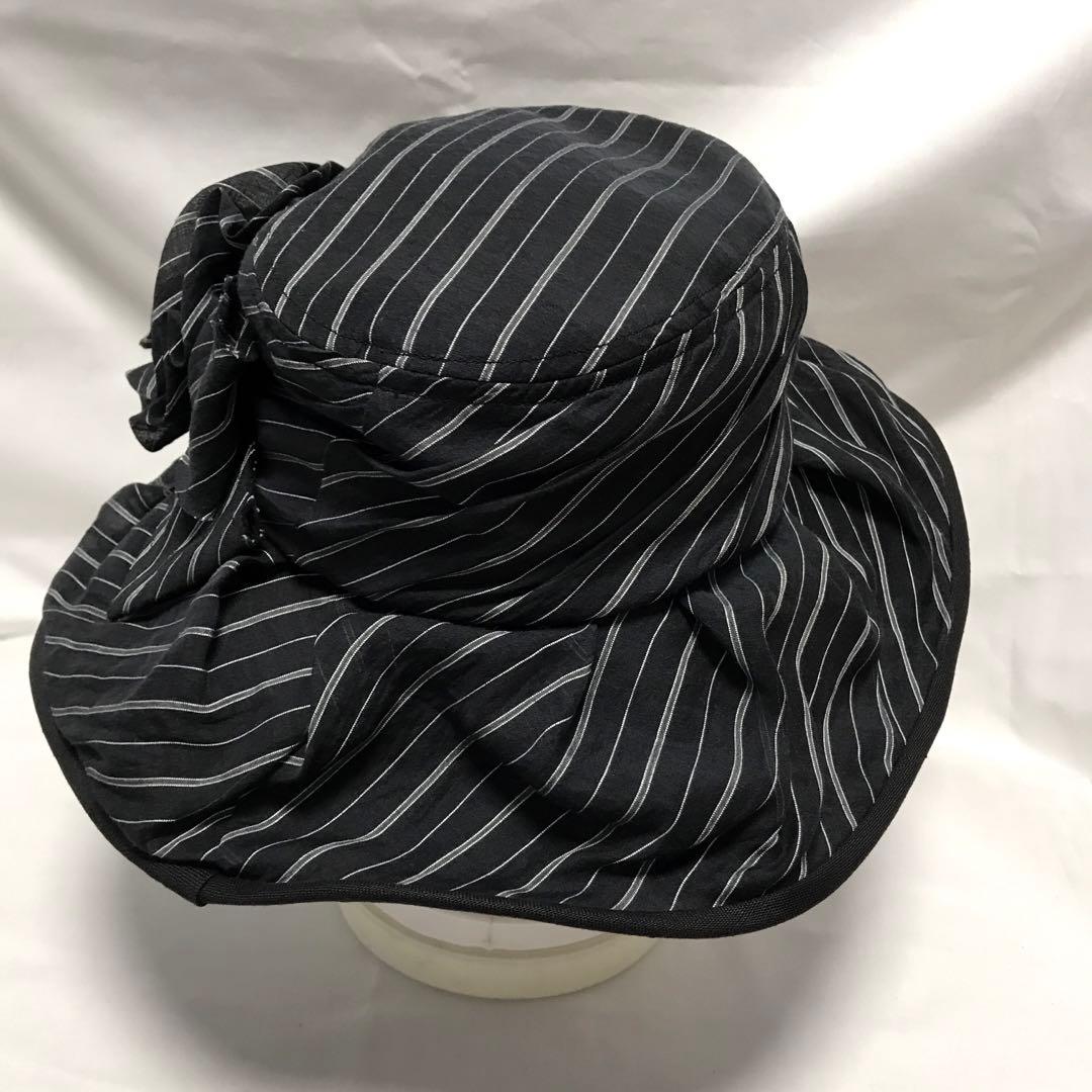 銀座マギー　麻布　黒×グレーストライプ　共布コサージュ　リボン