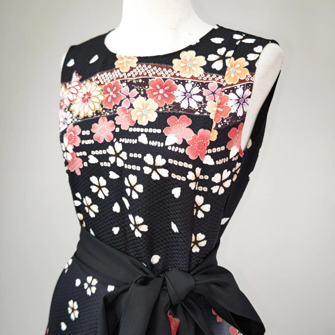 zunezune 振袖ドレス ノースリーブ 着物リメイクワンピース 黒に花