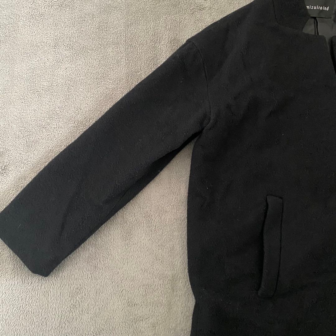 ミズイロインド　スタンドカラーウールコート　ロングコート　ブラック　フリー