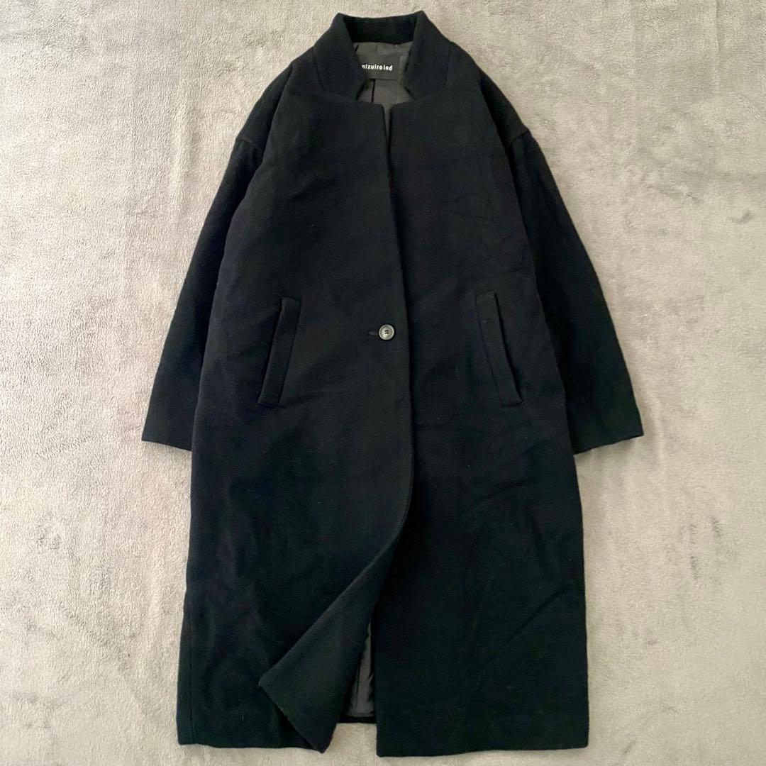 ミズイロインド　スタンドカラーウールコート　ロングコート　ブラック　フリー