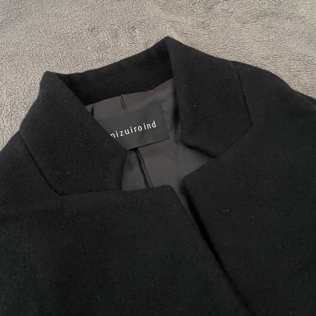 ミズイロインド　スタンドカラーウールコート　ロングコート　ブラック　フリー