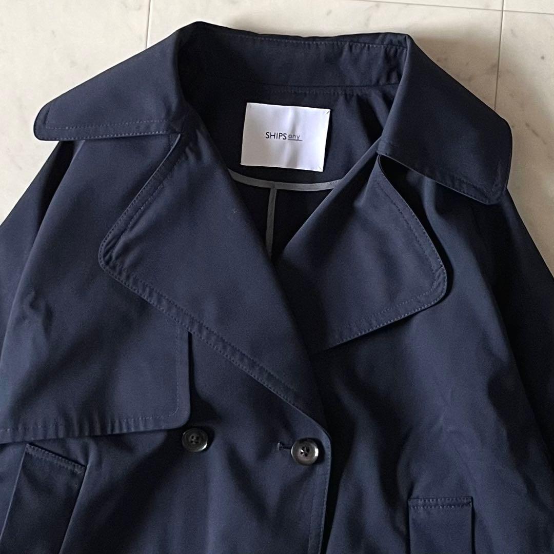 2024美品♪シップスエニィ ショートトレンチコート F 紺 ゆったり 洗える