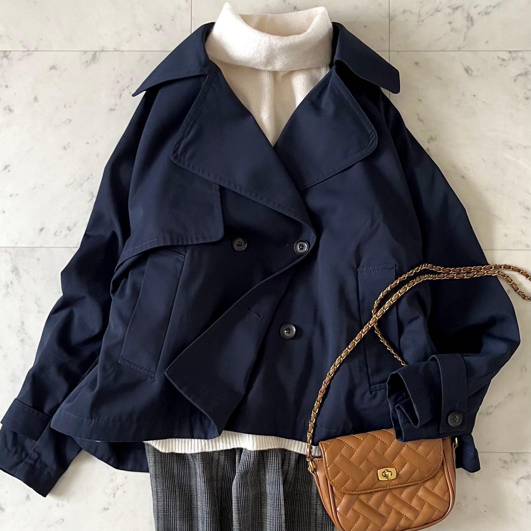 2024美品♪シップスエニィ ショートトレンチコート F 紺 ゆったり 洗える