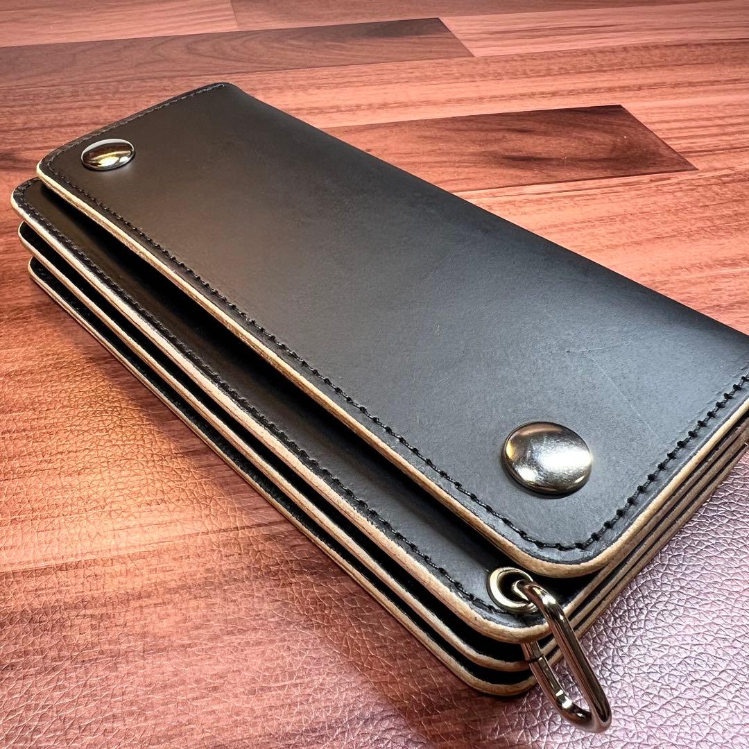 【トラッカーウォレット ロング 3層】 ブラック 姫路レザー シルバー YKK