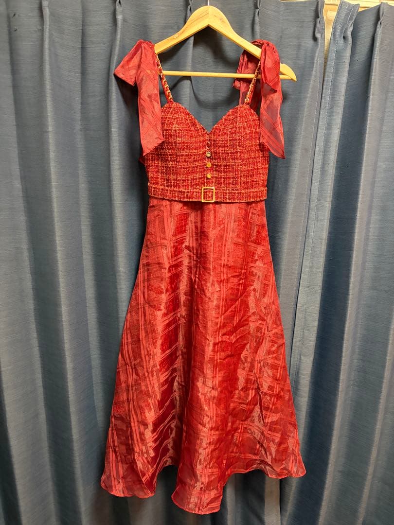 群*青様 ローブドフルール ツイード チェーンストラップ ミディドレス