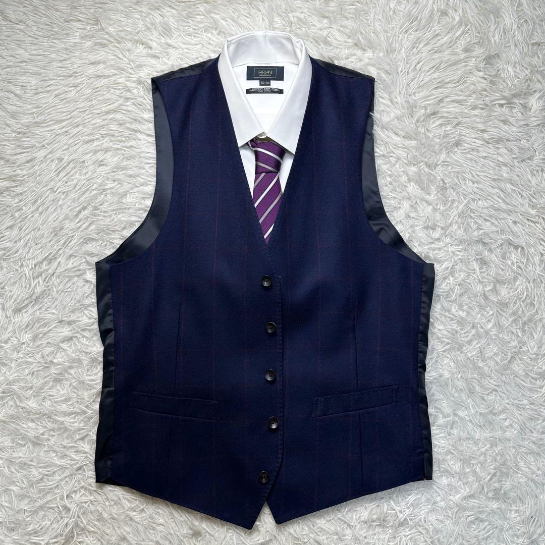 希少 極美品 スーツセレクト 3ピース ワインペン ウール100% ネイビーA6