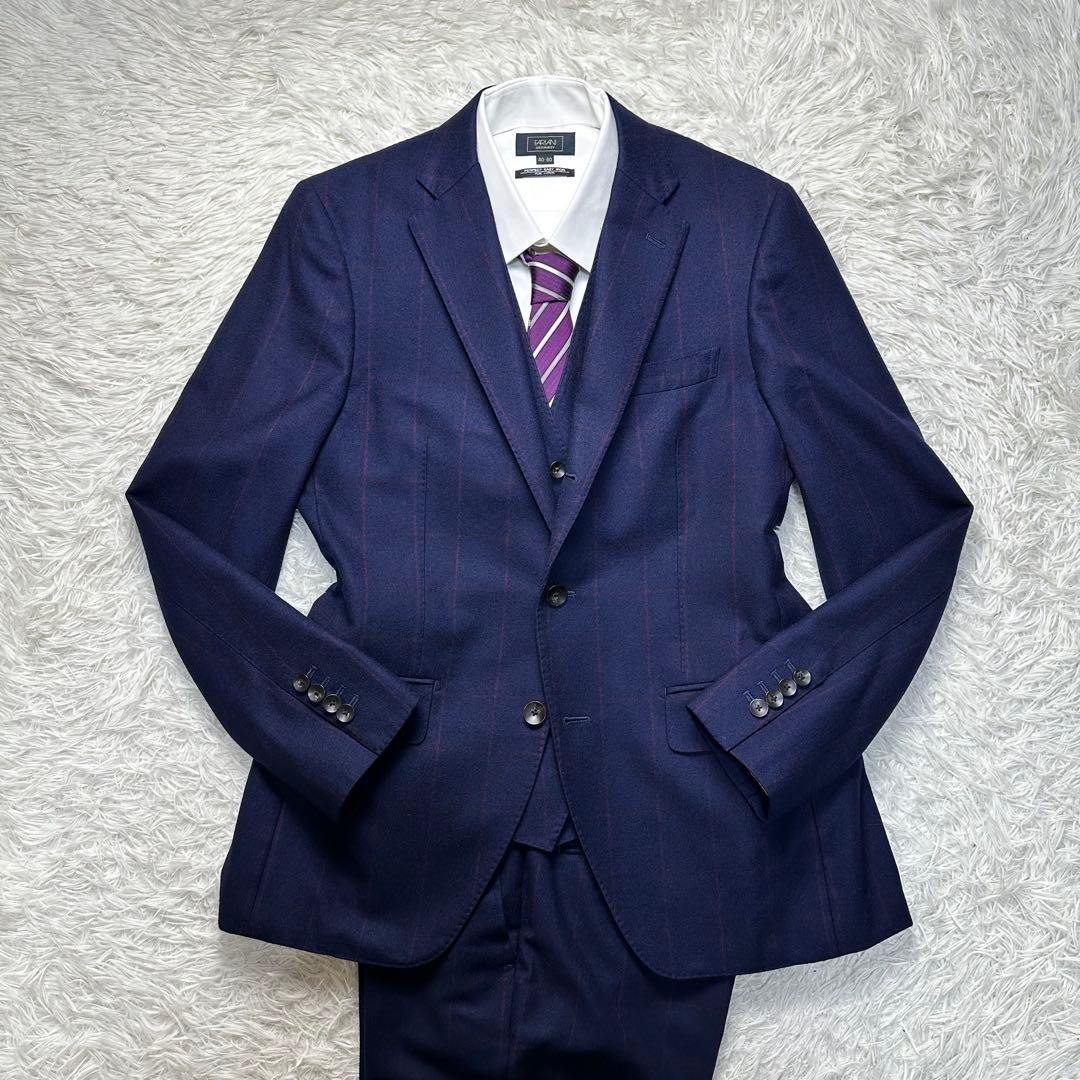 希少 極美品 スーツセレクト 3ピース ワインペン ウール100% ネイビーA6