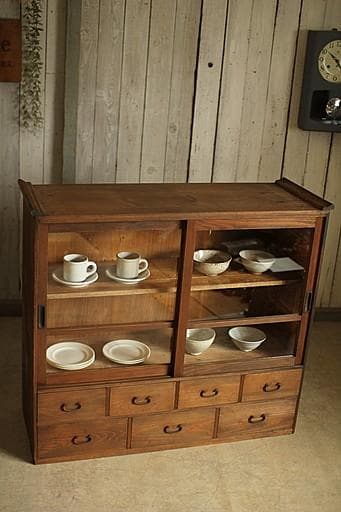 古い木製の格子ガラス戸棚×木製引き出し7杯　食器棚　水屋　キャビネット　古家具