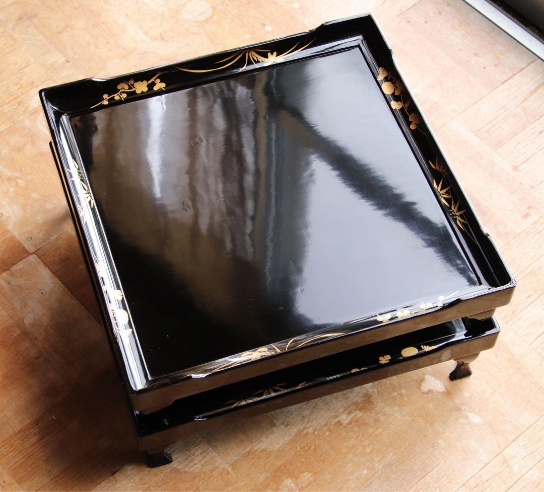 木製　黒塗　四方膳　二客　脚付　四君子　金蒔絵　茶懐石