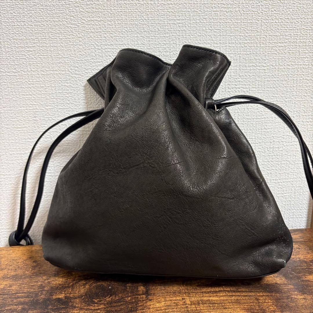 HERGOPOCH 巾着 ハンドバッグ レザー ブラック 革