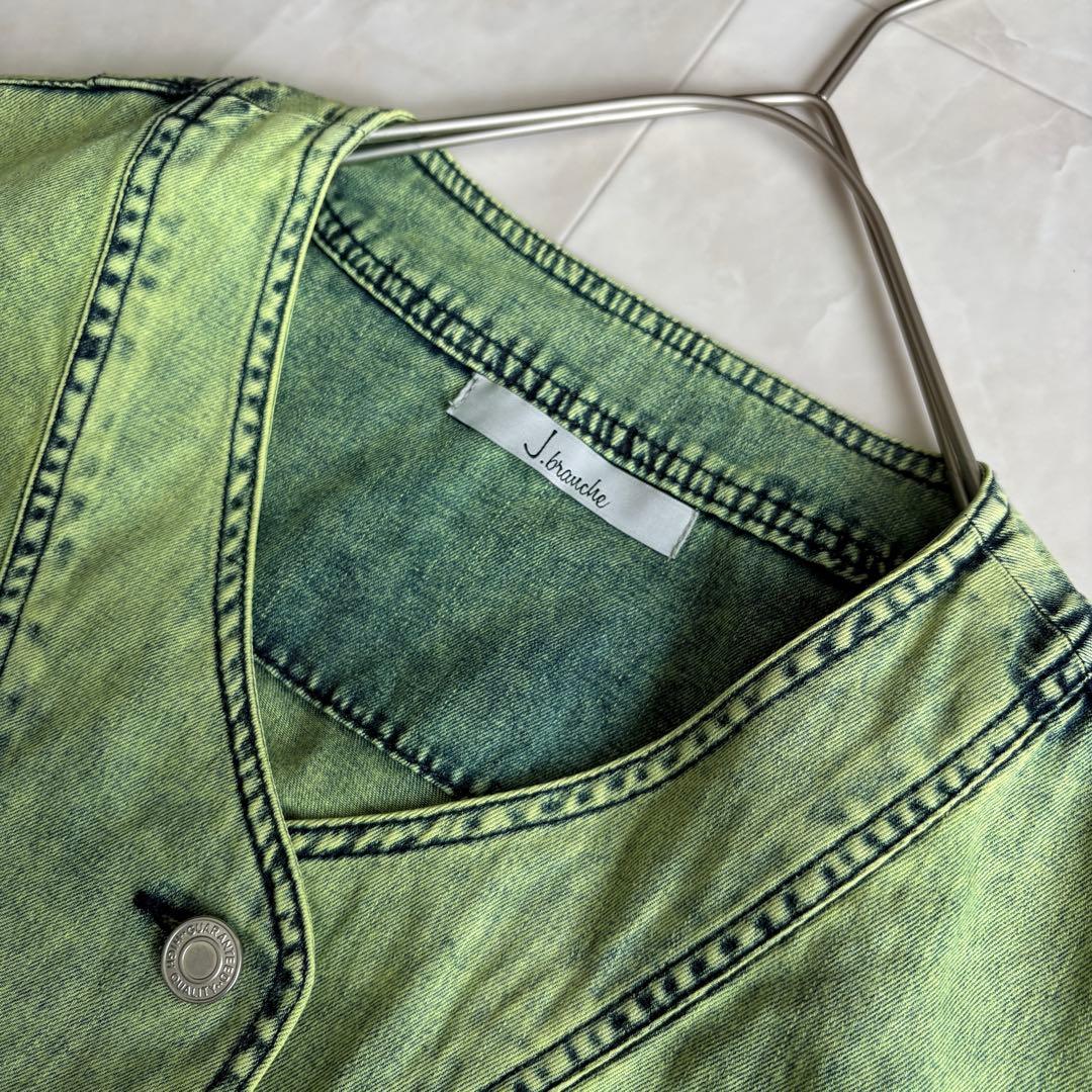 J.branche ノーカラーデニムジャケット 緑 38 綿100 多ポケット