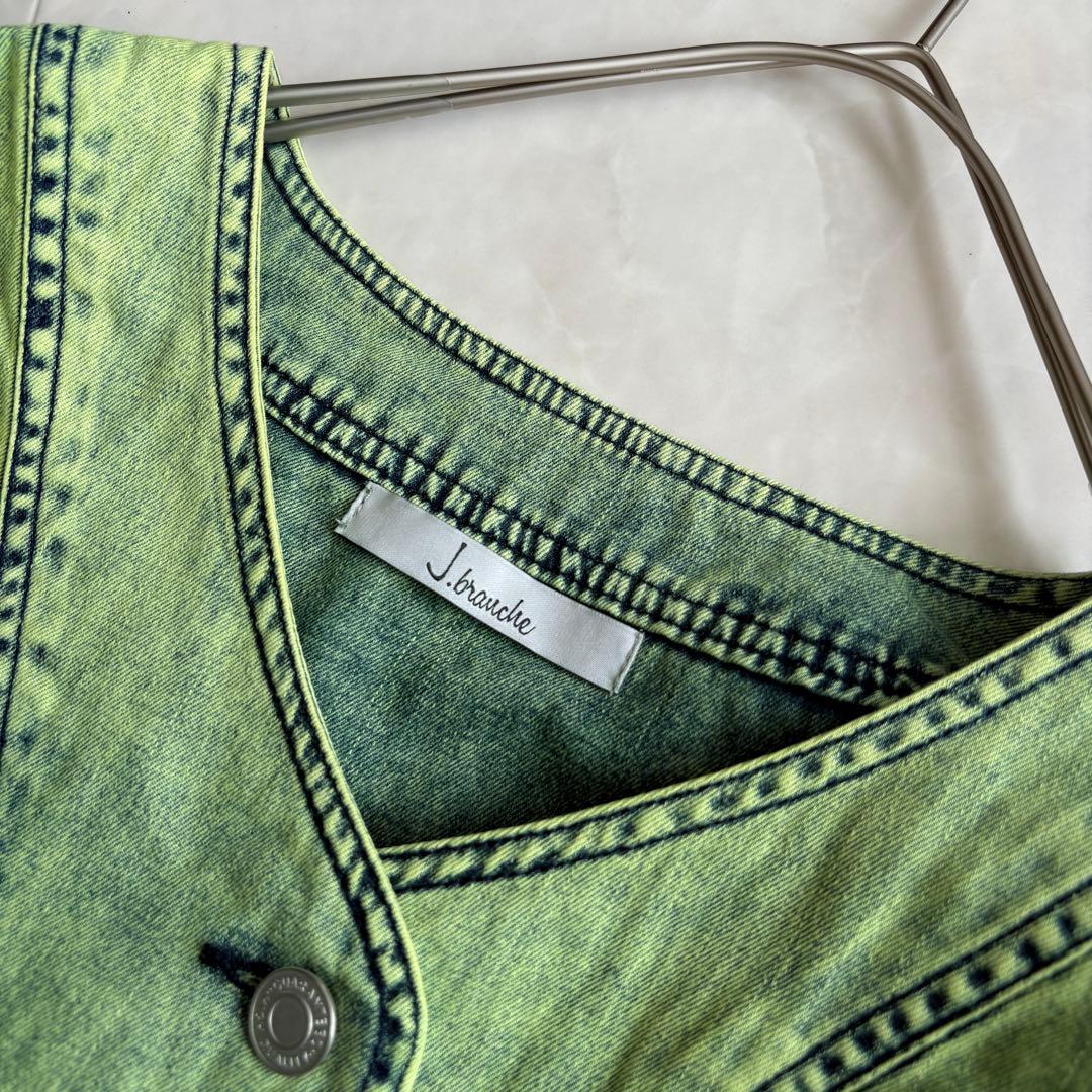 J.branche ノーカラーデニムジャケット 緑 38 綿100 多ポケット