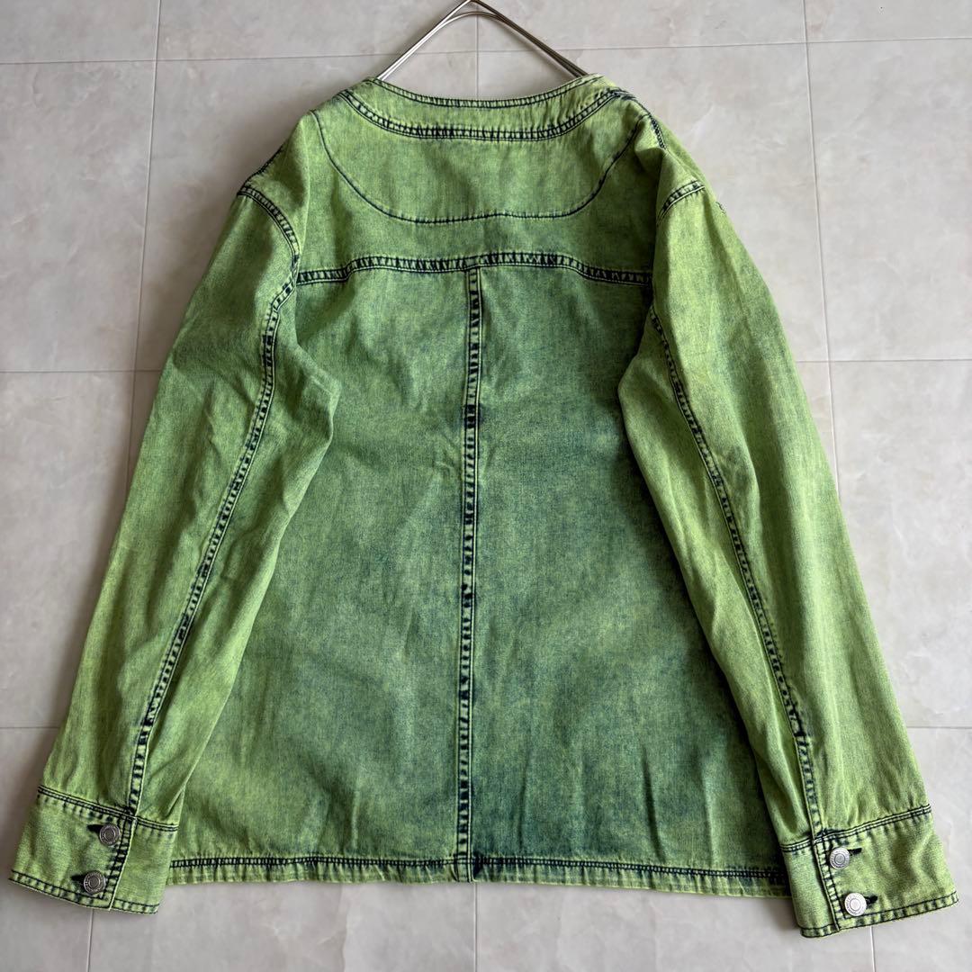 J.branche ノーカラーデニムジャケット 緑 38 綿100 多ポケット
