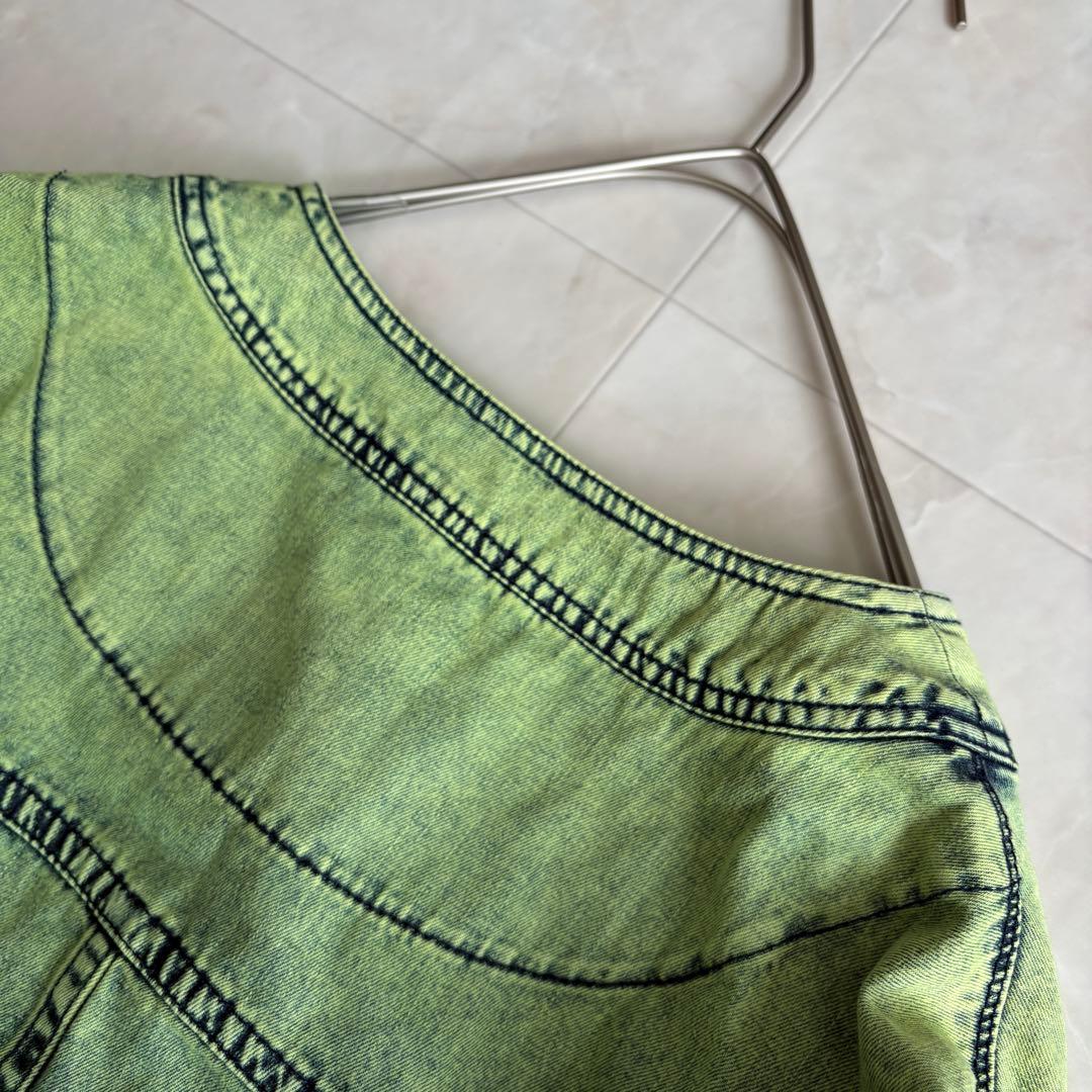 J.branche ノーカラーデニムジャケット 緑 38 綿100 多ポケット