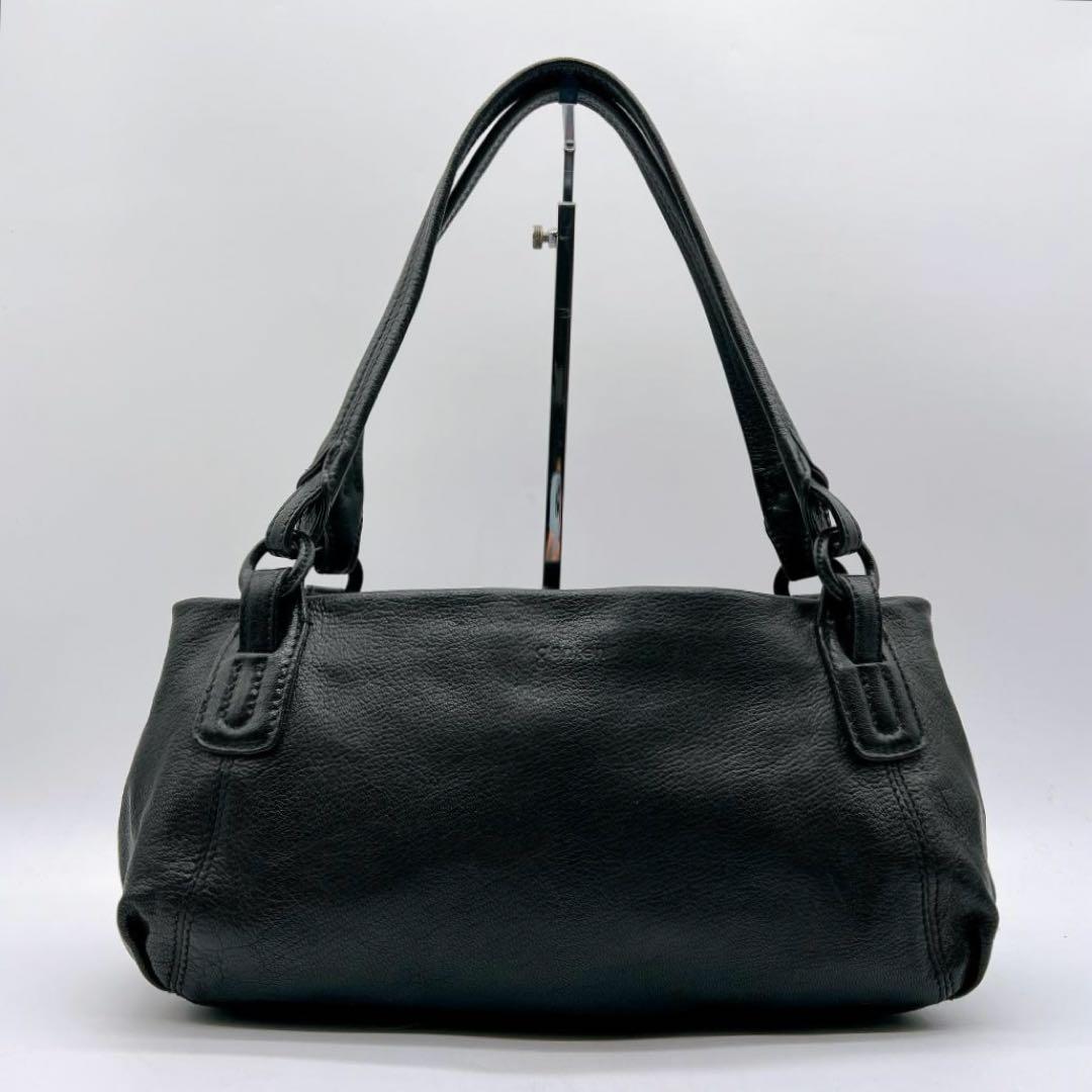 美品 genten ハンドバッグ ゴートレザー 横長 ロゴ型押し f643