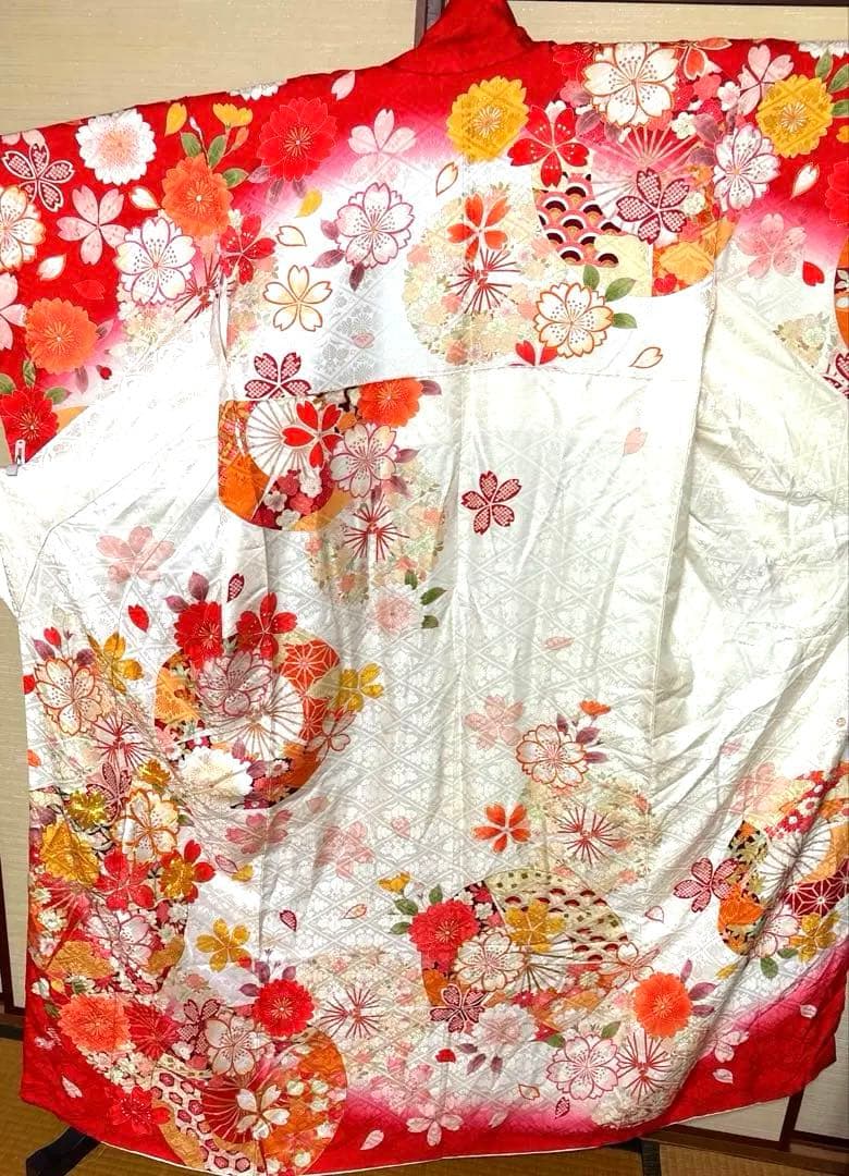 赤×白 華 扇子 振袖 身丈160