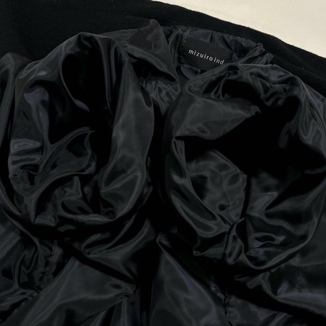 ミズイロインド　ウールブレンド　スタンドカラーコート　ロングコート　ブラック