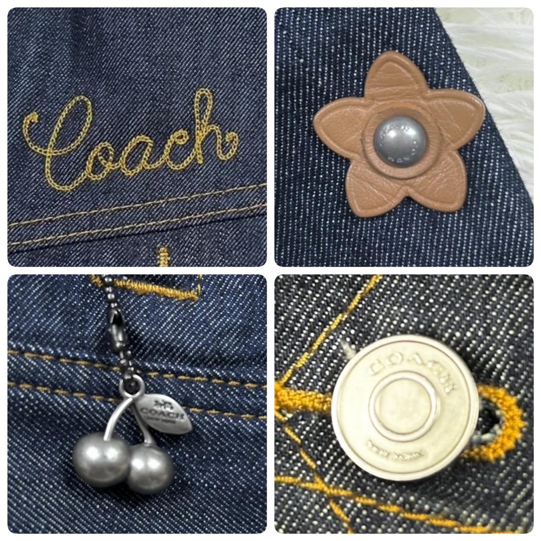 コーチ COACH デニムジャケット レディース 刺繍ロゴ レザー S ブルー