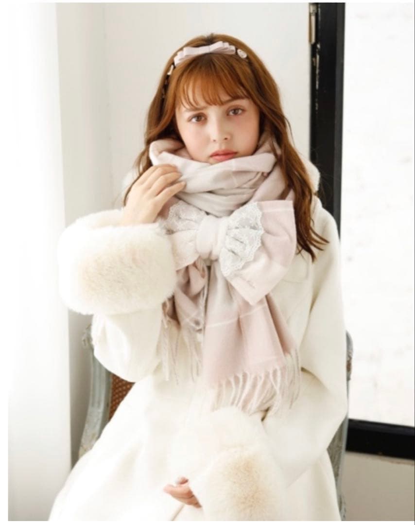 LIZLISA マフラー チェックリボンストール グレー