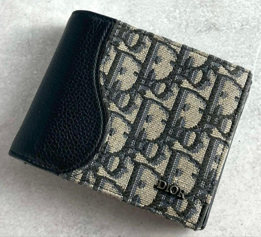 【極美品】 ディオールオム 二つ折り財布 オブリークジャガード ネイビー