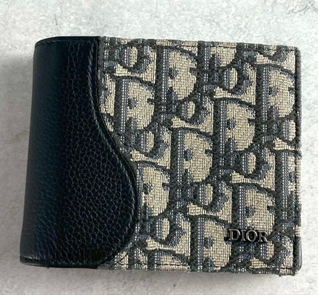 【極美品】 ディオールオム 二つ折り財布 オブリークジャガード ネイビー