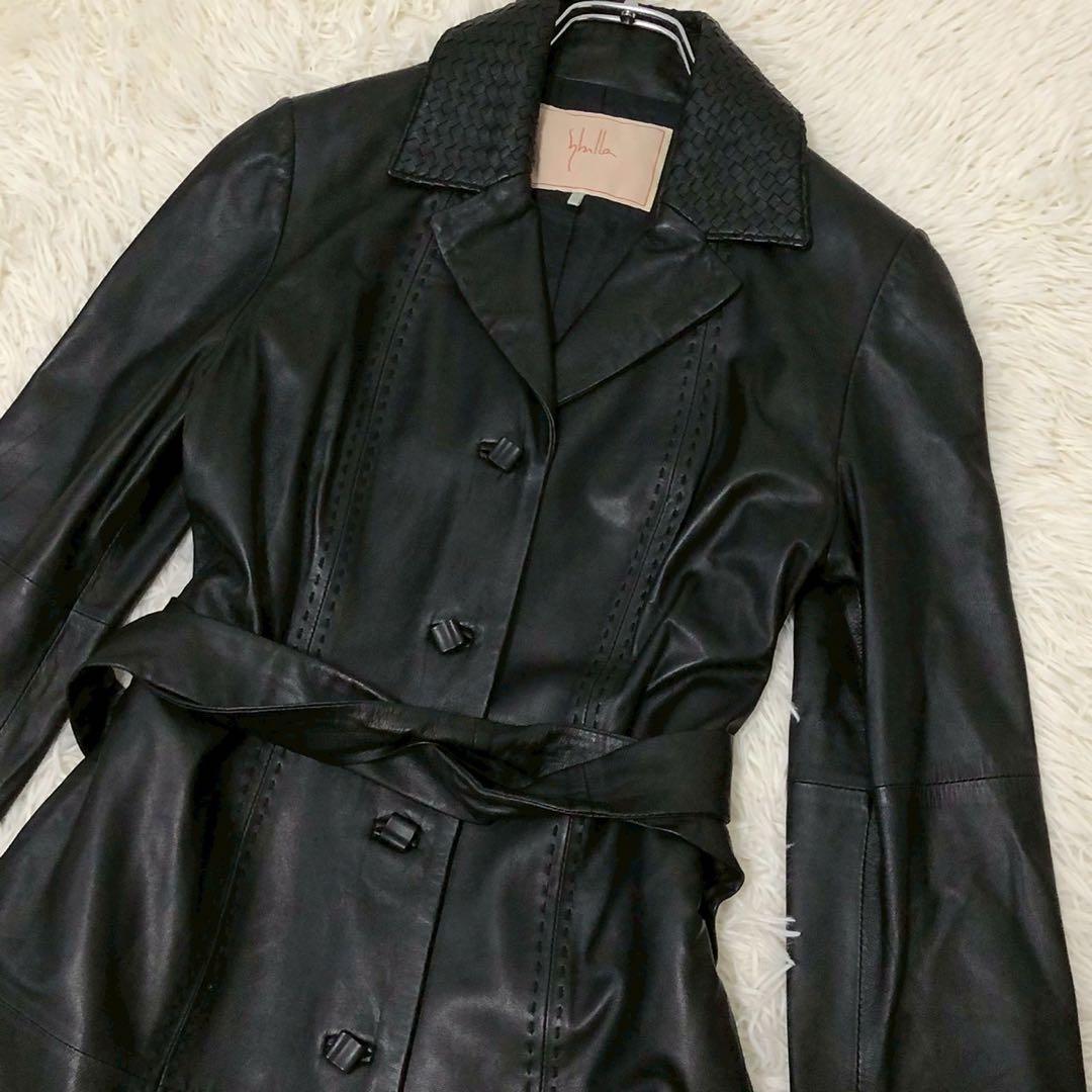 美品◎ベルト付◎Sybilla オールレザー ロングコート 羊革 黒 ブラック
