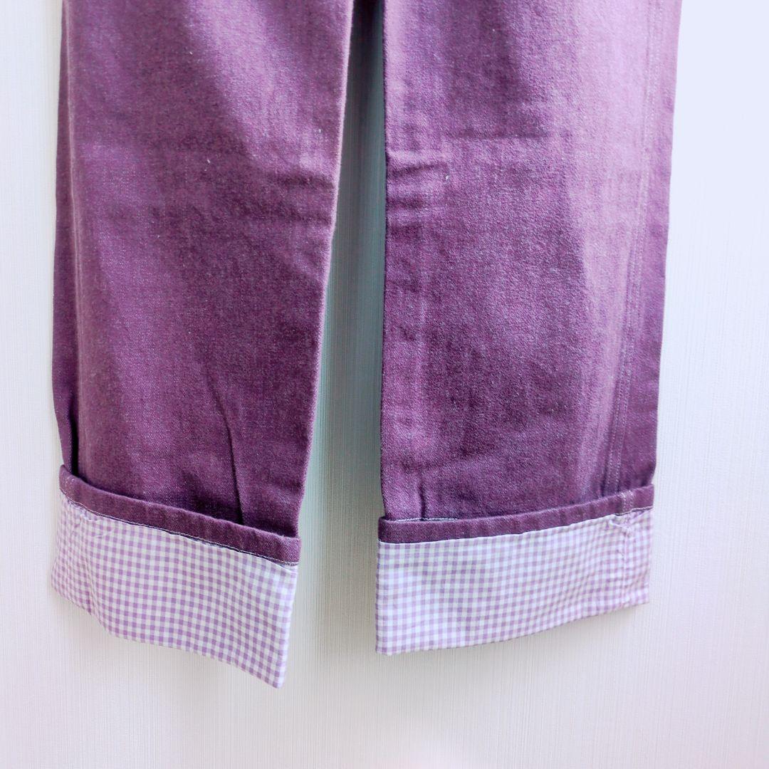 美品 ピンクハウス コットン 紫 オーバーオール ギンガム裏地 マーガレット