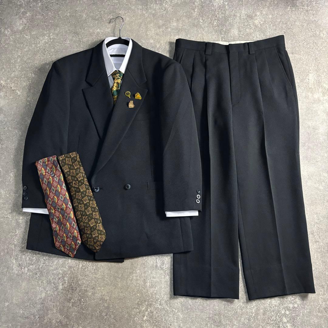 【vintage】セットアップ ダブルスーツ グレーネイビー 極上ウール