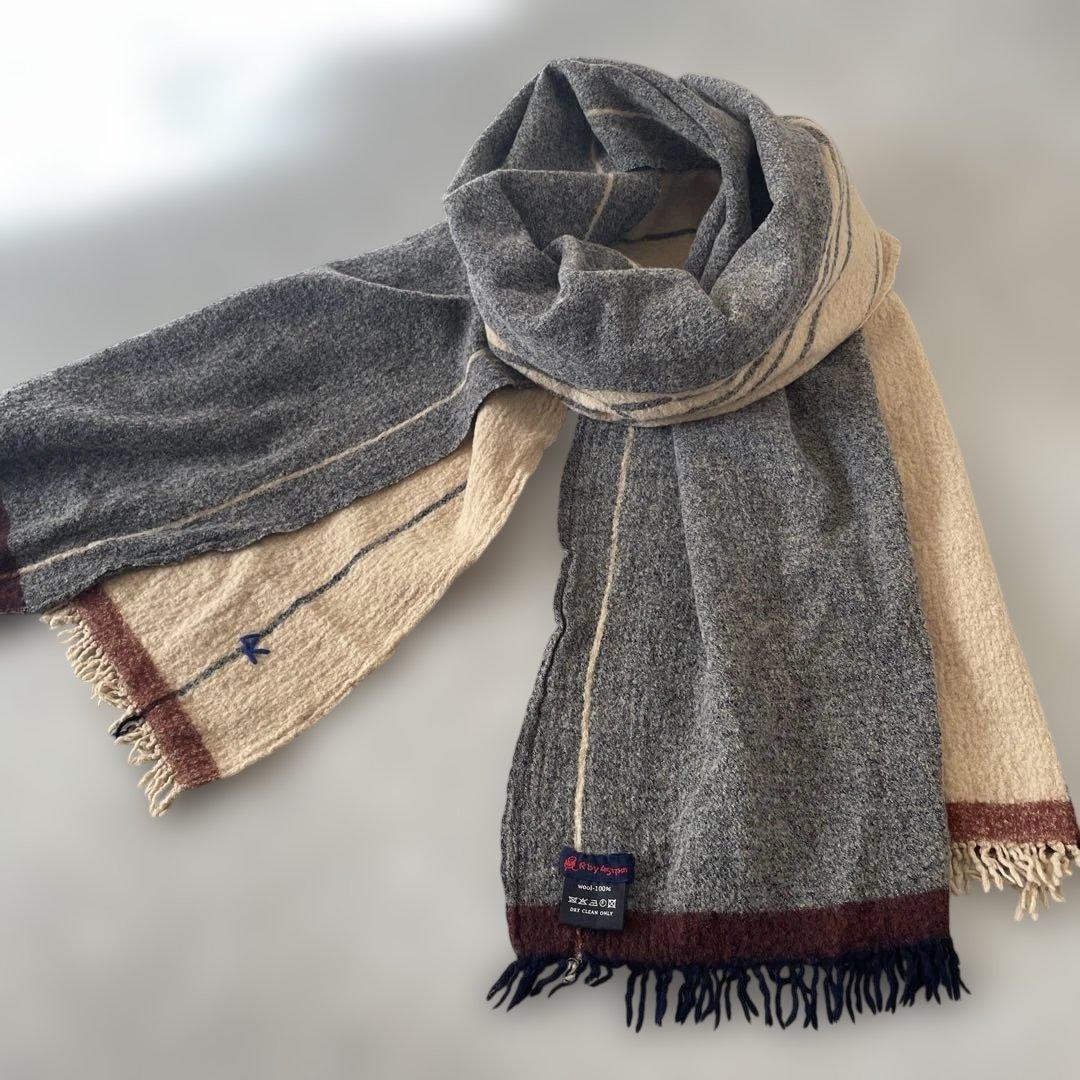 美品【レア】45R ウール100% ストライプマフラー フリンジ付き