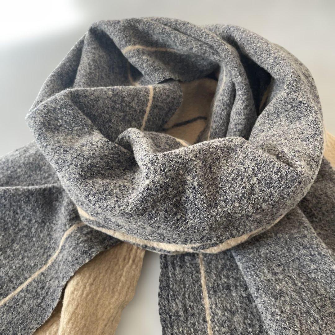 美品【レア】45R ウール100% ストライプマフラー フリンジ付き