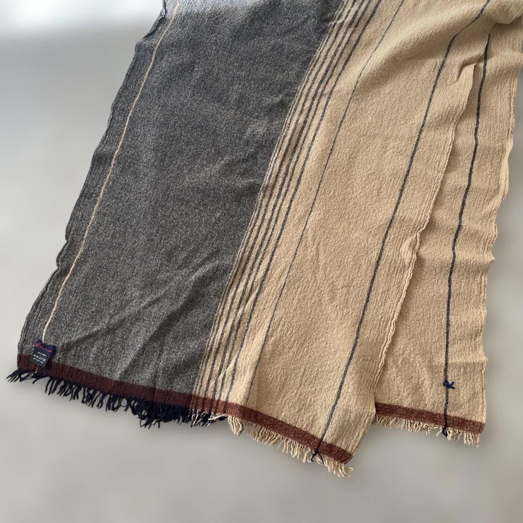 美品【レア】45R ウール100% ストライプマフラー フリンジ付き