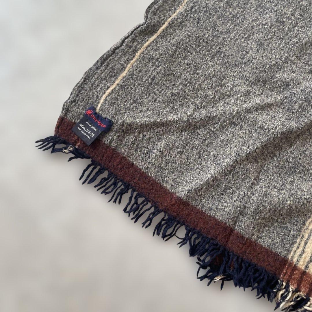 美品【レア】45R ウール100% ストライプマフラー フリンジ付き