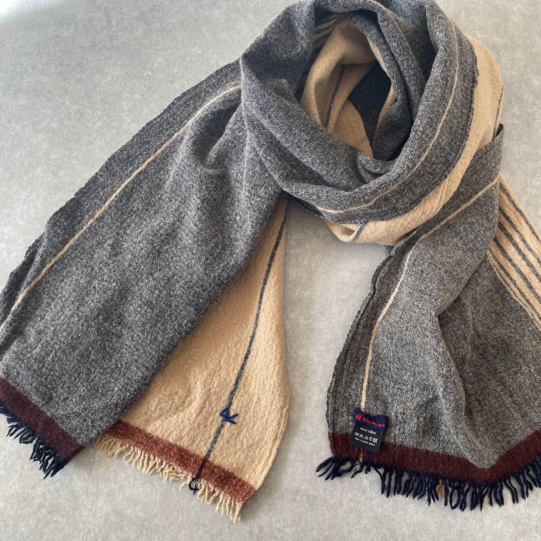 美品【レア】45R ウール100% ストライプマフラー フリンジ付き