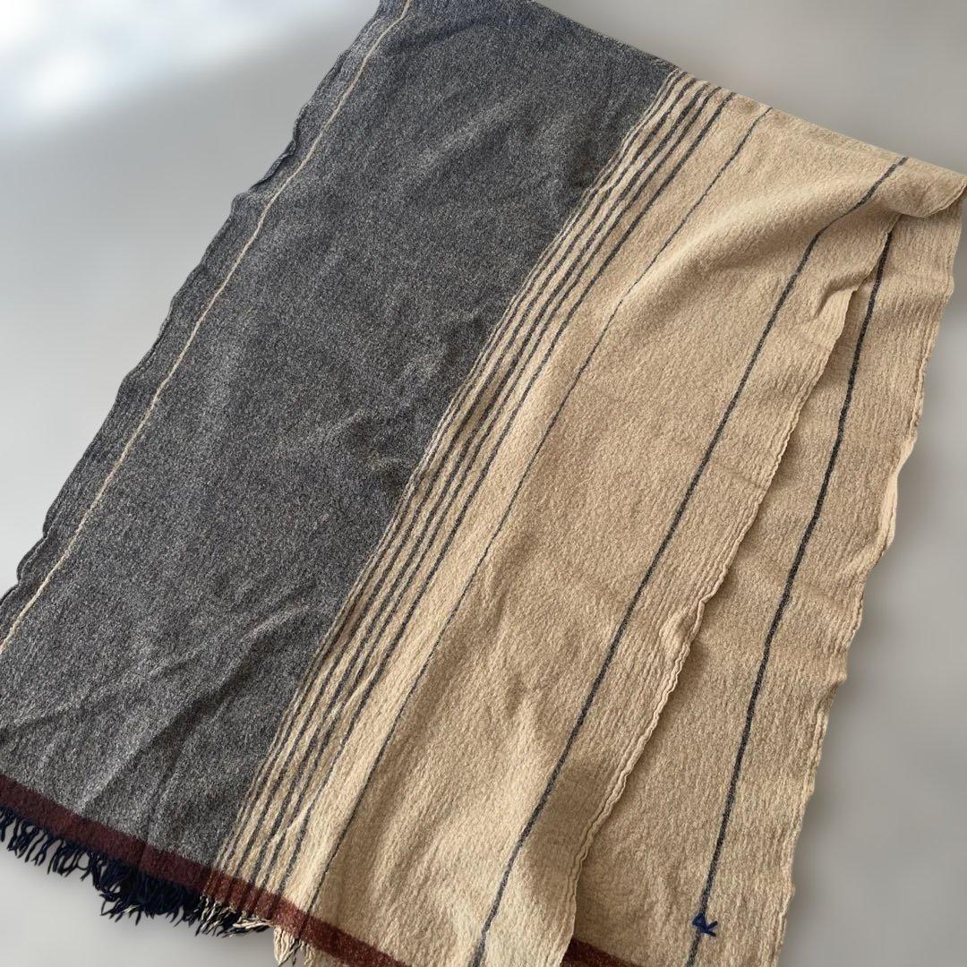 美品【レア】45R ウール100% ストライプマフラー フリンジ付き