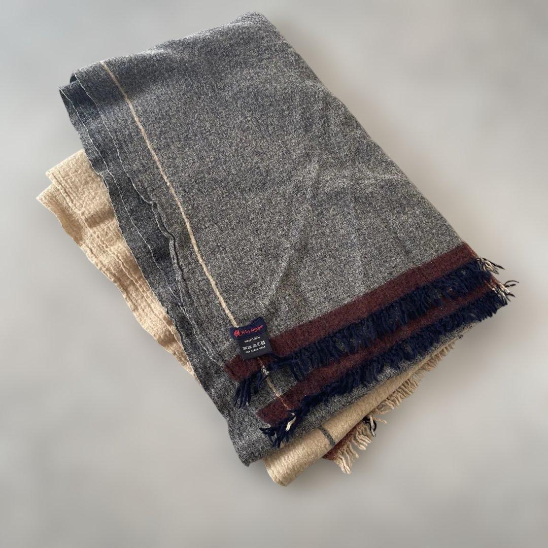 美品【レア】45R ウール100% ストライプマフラー フリンジ付き