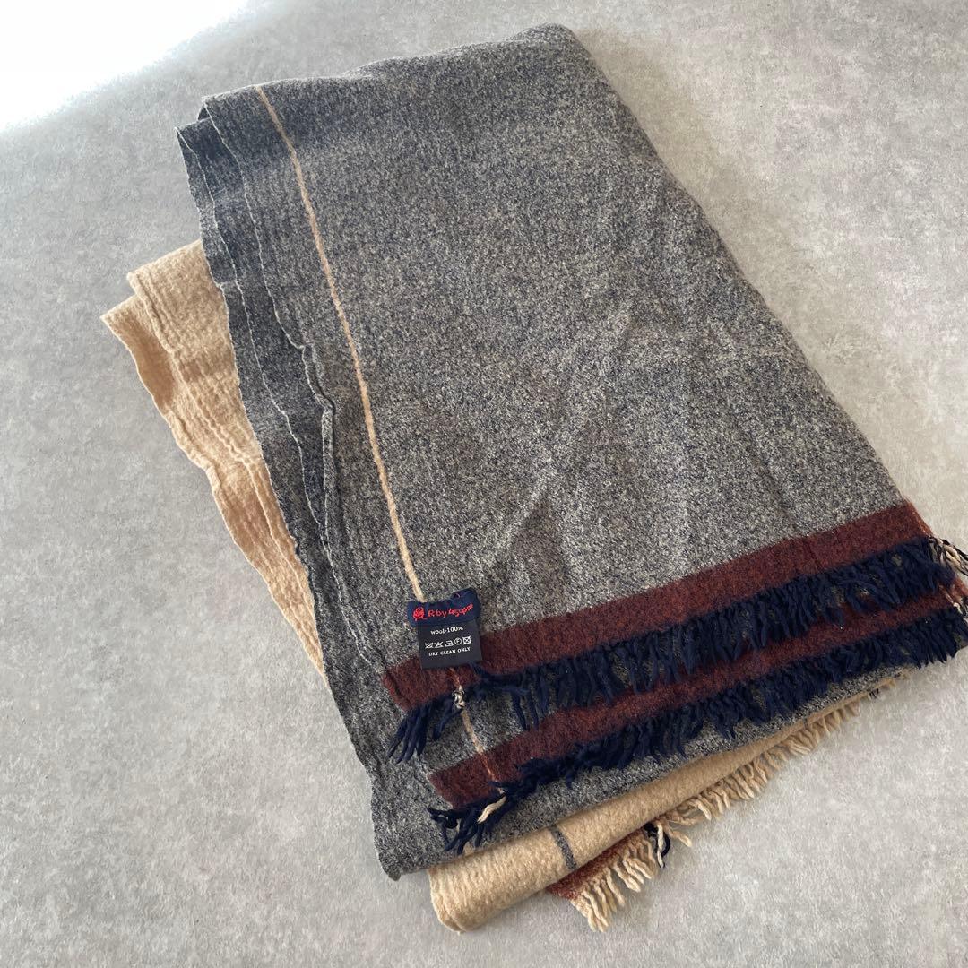 美品【レア】45R ウール100% ストライプマフラー フリンジ付き