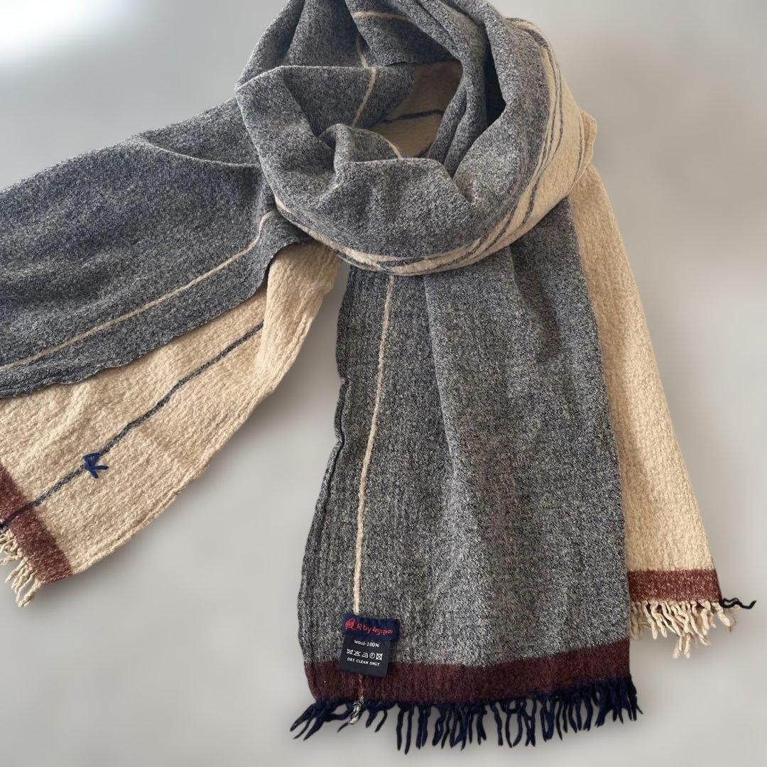 美品【レア】45R ウール100% ストライプマフラー フリンジ付き