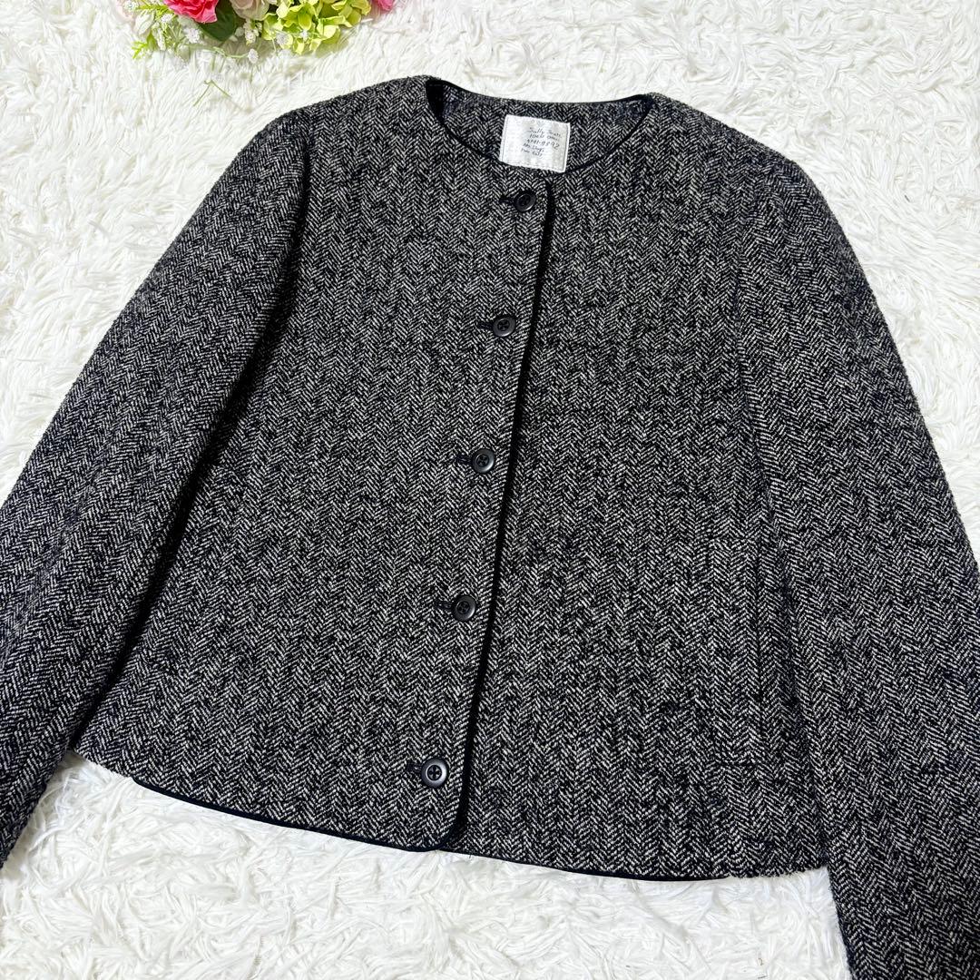 【希少✨】サリースコット　ノーカラー　ジャケット　ヘリンボーン　パイピング　9号