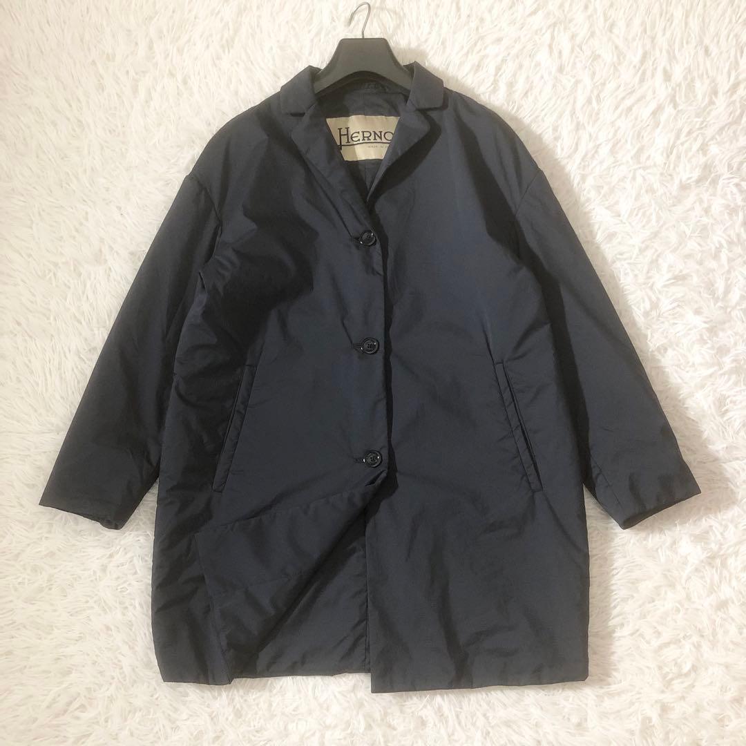 極美品 ヘルノ 中綿入りナイロンコート ステンカラー ミドル丈 ネイビー L