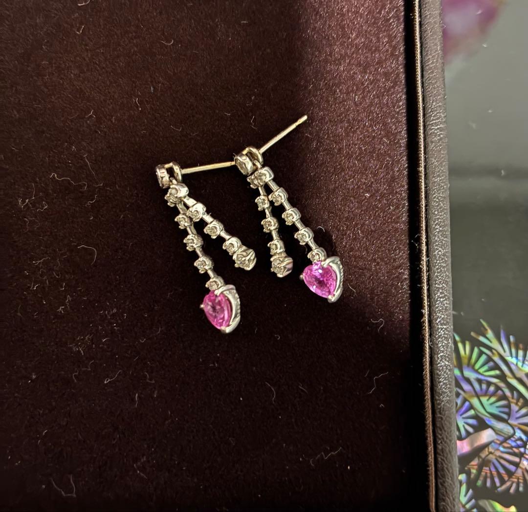 K14WG ピンクストーン ハート型ピアス