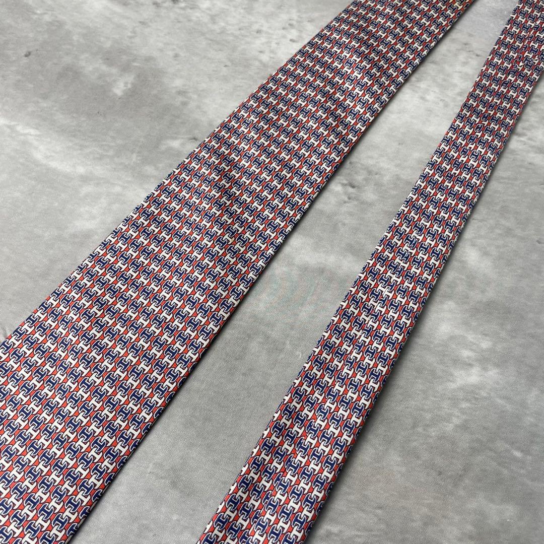 美品 HERMES エルメス H柄 総ロゴ ネクタイ オレンジ 白 紺
