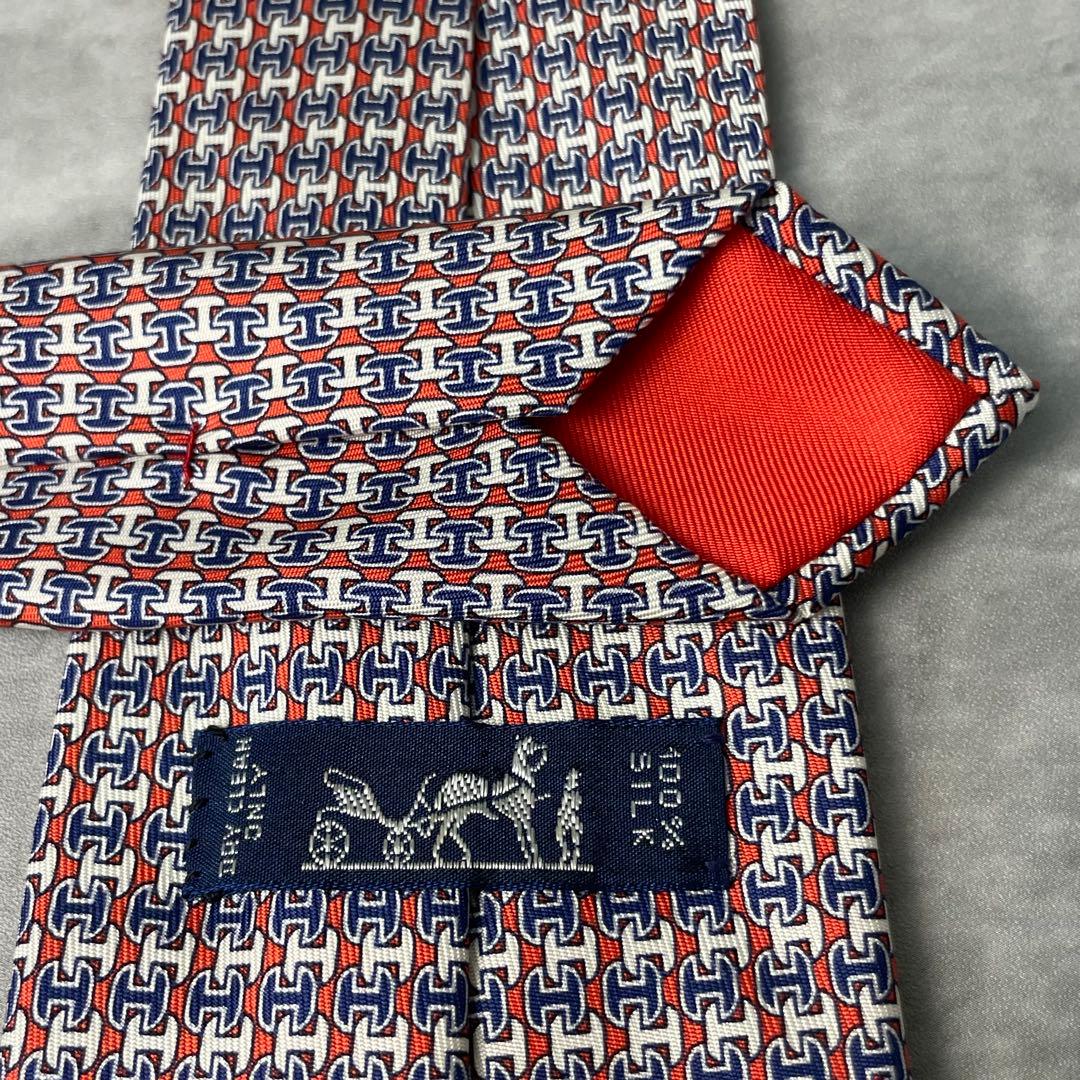 美品 HERMES エルメス H柄 総ロゴ ネクタイ オレンジ 白 紺