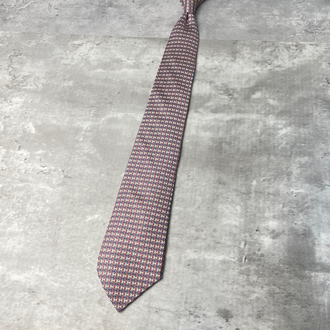 美品 HERMES エルメス H柄 総ロゴ ネクタイ オレンジ 白 紺