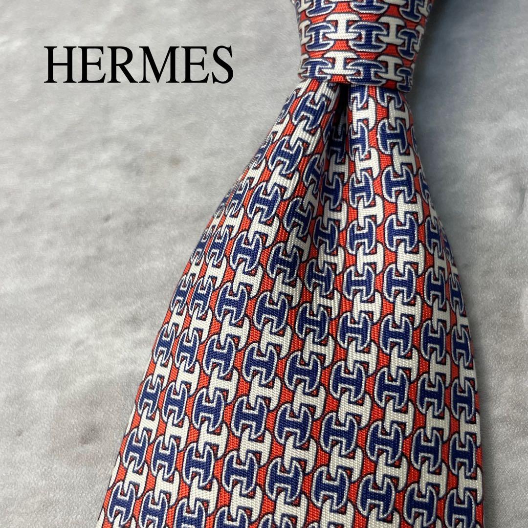 美品 HERMES エルメス H柄 総ロゴ ネクタイ オレンジ 白 紺