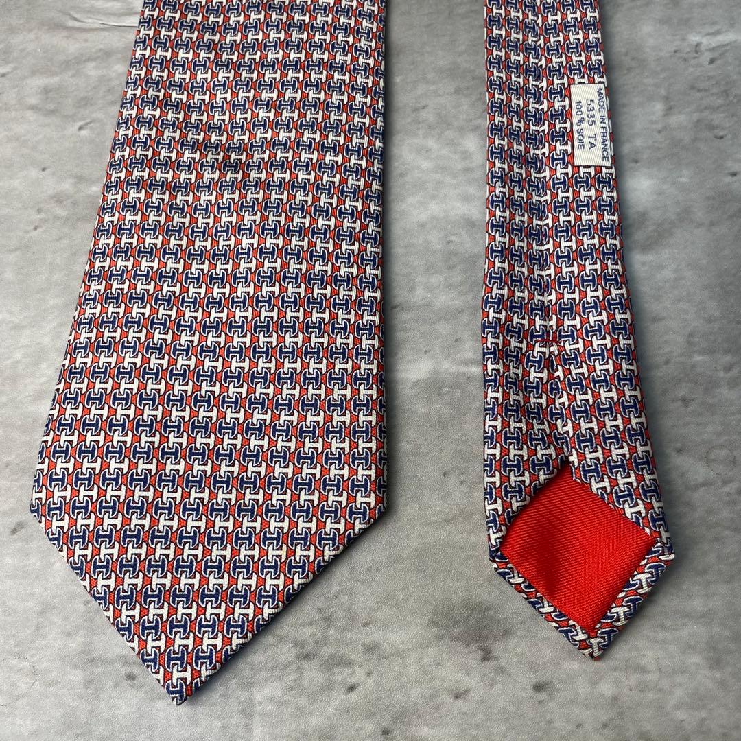 美品 HERMES エルメス H柄 総ロゴ ネクタイ オレンジ 白 紺