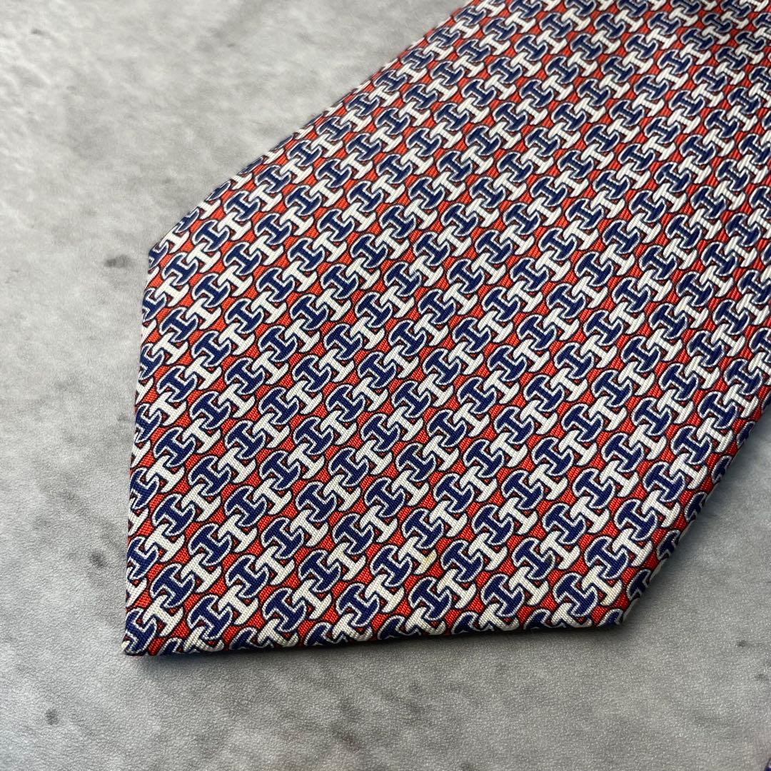 美品 HERMES エルメス H柄 総ロゴ ネクタイ オレンジ 白 紺