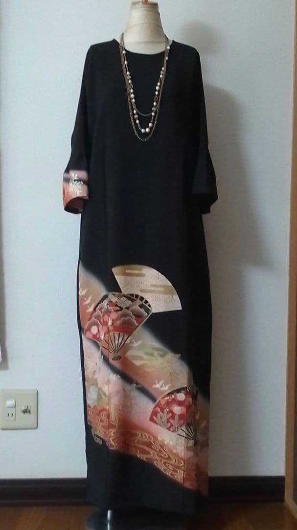 着物リメイクワンピース 留袖ドレス 扇子 落款あり作家物